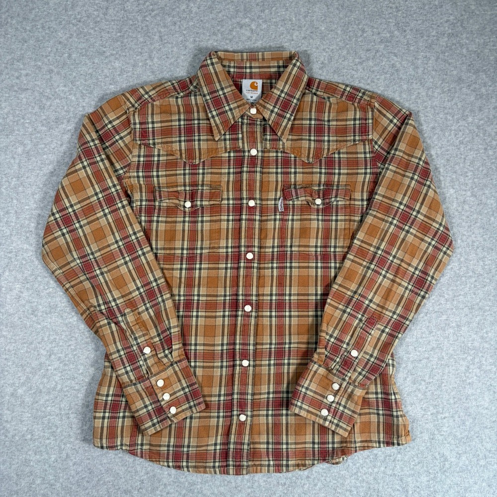 Carhartt Western Pearl Snap Shirt Women Medium Brown Plaid Cotton Flannel Top